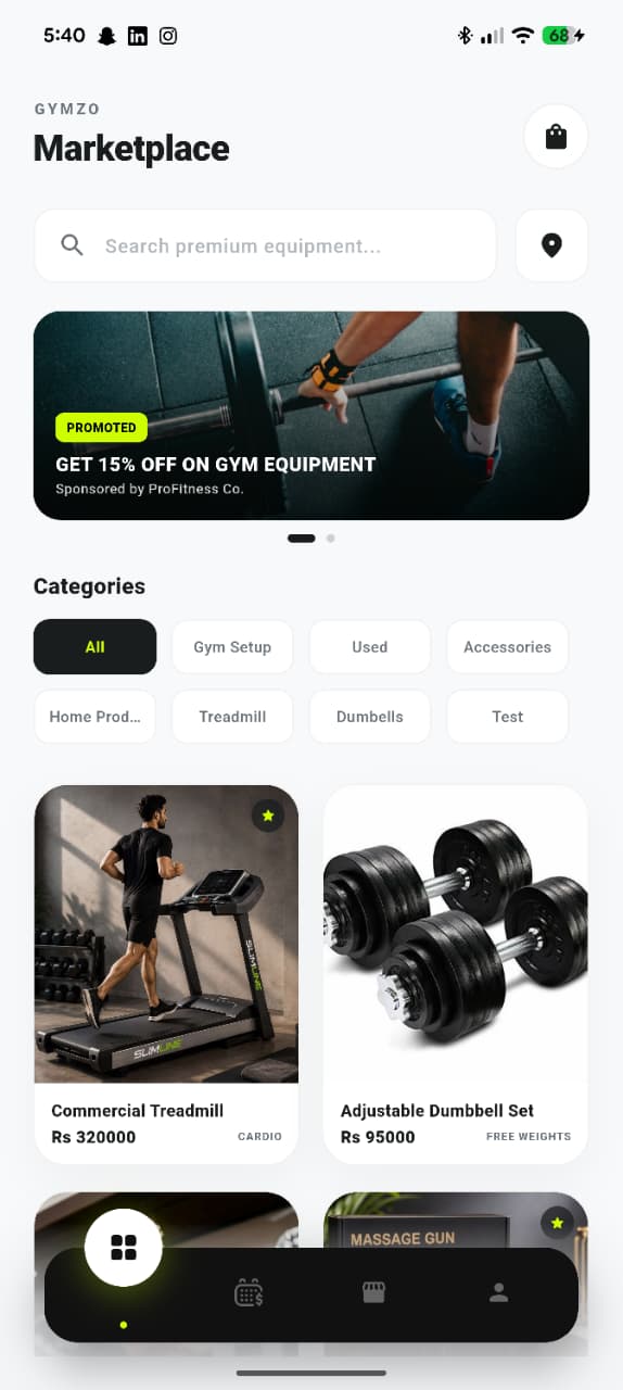 Gymzo marketplace with categories and deals