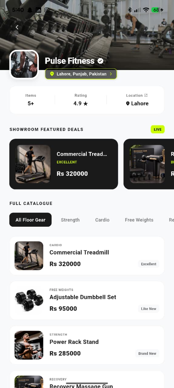 Gymzo showroom page with featured deals